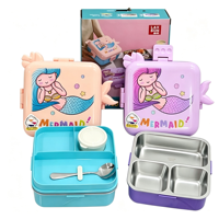 Boîte à lunch bento pour enfants en acier inoxydable 304 à 3 compartiments, étanche, avec couvercles, motif sirène, pour le stockage des aliments