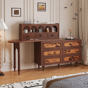 Vintage Solid Wood Dressing Table With Storage <b>Drawers</b> And Shelf Integrated Makeup Desk For Bedroom - Product Image 3