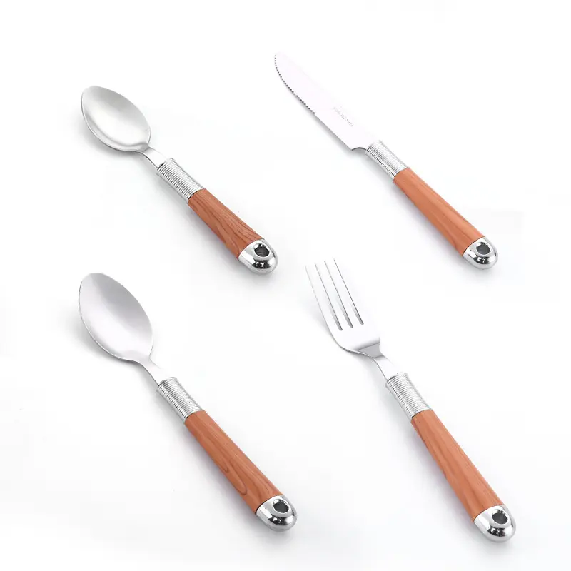 Peralatan makan serat kayu 410, Stainless Steel pisau sendok garpu makanan Barat empat buah portabel peralatan makan sendok garpu buah
