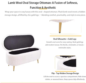 Poufs <span class=keywords><strong>ottoman</strong></span> longs en laine d'agneau blanche avec pieds dorés, bancs de <span class=keywords><strong>rangement</strong></span> pour chambre, appartement, salon, mobilier d'intérieur - Product Image 6