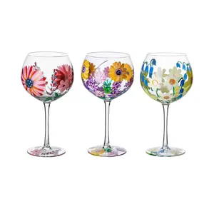 2023 Custom Flower Hand-painted Designs Glass Water Cup Personalized Clear Crystal Luxury Party Water Wine Glass