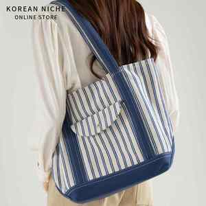 Bolso Tote de Poliéster a Rayas Estilo Japonés Coreano, Nuevo Verano 2026, Gran Capacidad, Diseño Exclusivo, Simple, Combinable con Todo, Cierre Magnético - Product Image 3