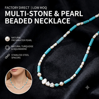 2026 Natural Turquoise Beaded Choker Handmade Heishi Freshwater Baroque Pearl Aquamarine 18K Gold Plated Stainless Steel Women's