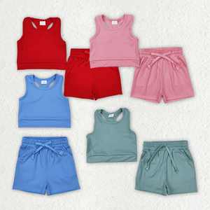 Ensembles de vêtements pour fillettes : débardeur de yoga couleur unie et short assorti, prêts à être expédiés - Product Image 1
