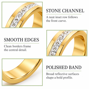 Anillo de Acento Dorado con Banda Pulida y Hilera de Piedras Transparentes, Joyería Clásica Minimalista - Product Image 4