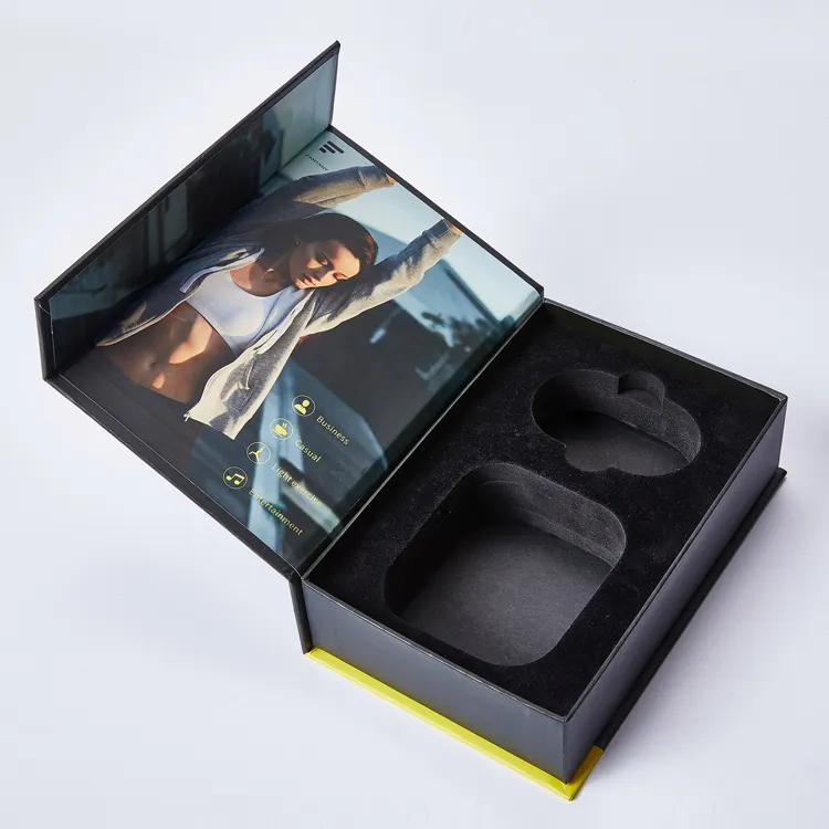 Hight quality black flap magnetic lid wireless headphones earphone hanging packaging box with foam insert