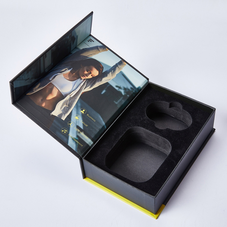 Hight Quality Black Flap Magnetic Lid Wireless Headphones Earphone Hanging Packaging Box with Foam Insert