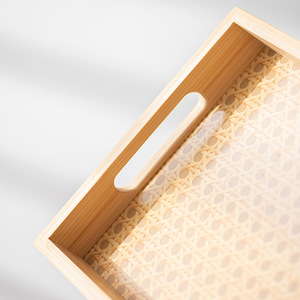 Bandeja de servir rectangular de bambú con asas y patrón geométrico para servir té, uso en sala de estar - Product Image 4