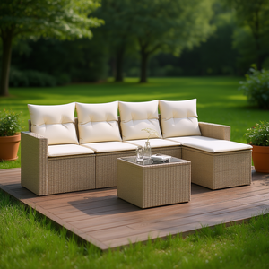 Ensemble de canapés de jardin modulaires en rotin PE beige, meubles d'extérieur confortables, design contemporain, coussins en mousse haute densité - Product Image 2