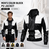 Veste en cuir PU personnalisée pour homme, color block, col rabattu, fermeture éclair avant, coupe régulière, streetwear urbain, vente en gros, stock disponible
