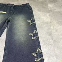 Pantalon en jean délavé personnalisé avec logo, style vintage, délavé au soleil, hip-hop, appliqués, coupe droite, décontracté, avec patchs