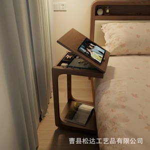 Simple wooden movable side <b>table</b>, home bedroom bedside <b>table</b>, solid wood with wheels, small apartment <b>C</b>-<b>shaped</b> coffee <b>table</b> - Product Image 3
