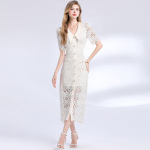 Robe midi élégante en dentelle de style français, col rabattu, respirante, lavable, de haute qualité, collection été-automne 2025 Candice - Product Image 3