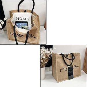 Custom Lunch Hospital Shopping Beach Mother's Day Gift Mom Love Waterproof <b>Black</b> Handle Button Jute <b>Bags</b> - Product Image 2