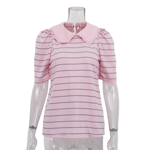 T-shirt rayé rose pour femme, col Peter Pan, manches courtes, tricoté, style preppy, décontracté, pour l'été - Product Image 4
