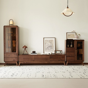 Coffre de rangement moderne minimaliste en noyer noir - Étagère ouverte en verre, 3 tiroirs, meuble bas (éco-responsable et durable) pour - Product Image 6