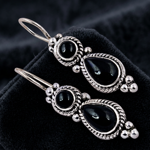 Ethnic Designer Women's Black Onyx Silver Geometric Hoop Earrings for Party Fashionable and Stylish - Product Image 3