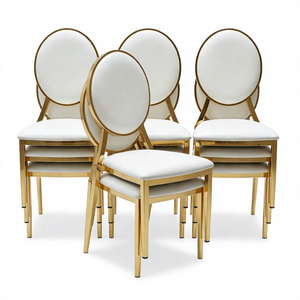 Chaise de <span class=keywords><strong>salle</strong></span> <span class=keywords><strong>à</strong></span> <span class=keywords><strong>manger</strong></span> moderne en métal empilable, chaise de banquet pour mariage, hôtel, événement, fête, chaise de <span class=keywords><strong>luxe</strong></span> rembourrée <span class=keywords><strong>à</strong></span> dossier rond plaqué or - Product Image 1
