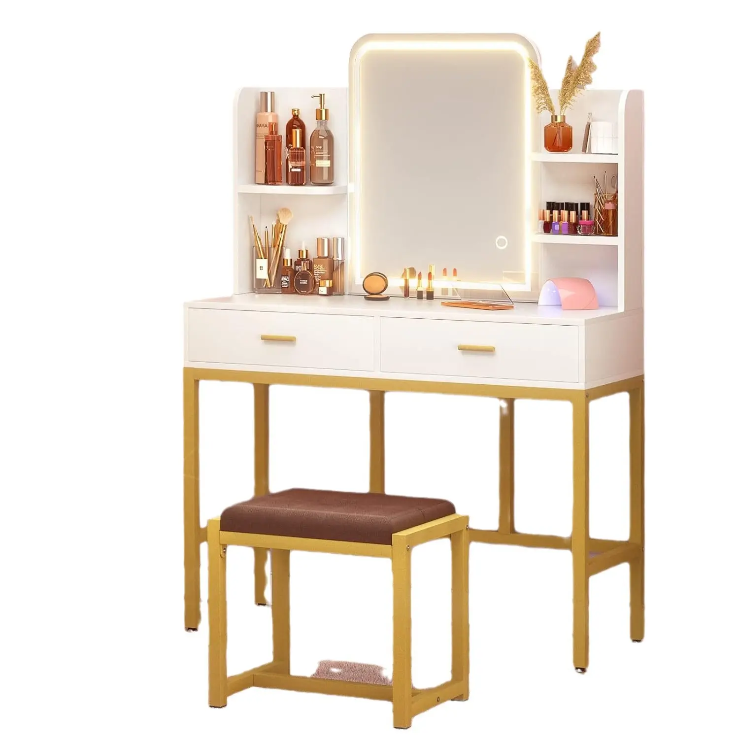 Шкаф для макияжа, туалетный столик со светодиодным зеркалом с золотыми железными ножками, металлические ножки, комод