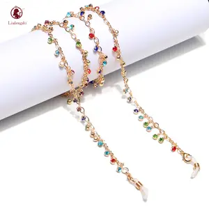 Cadena de cristal colorida para gafas para mujer, cordón con diamantes de imitación de colores chapados en oro