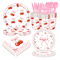 Assiettes, gobelets et serviettes en papier jetables modernes roses cerise avec nœuds mignons pour fêtes d'anniversaire pour adultes