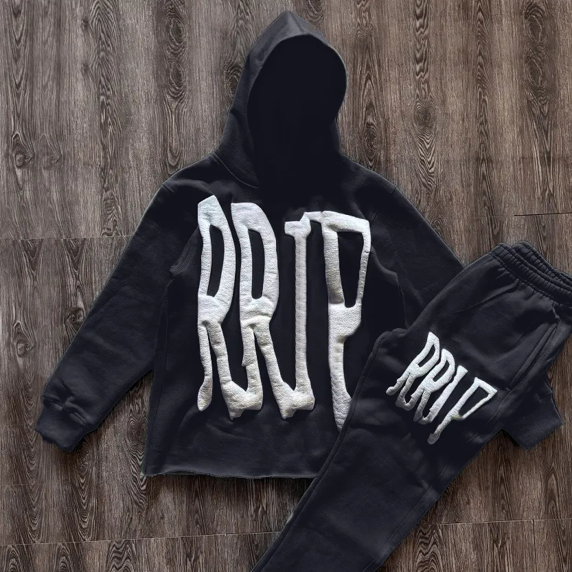 Hoodie pria kerah Mock Drop katun kelas berat kustom potongan Hem mentah 3d Puff cetak busa Hoodie pria