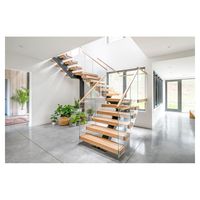 Escalier droit minimaliste pour la maison, avec support dissimulé, design flottant, main courante en verre trempé, pour intérieur de villa moderne