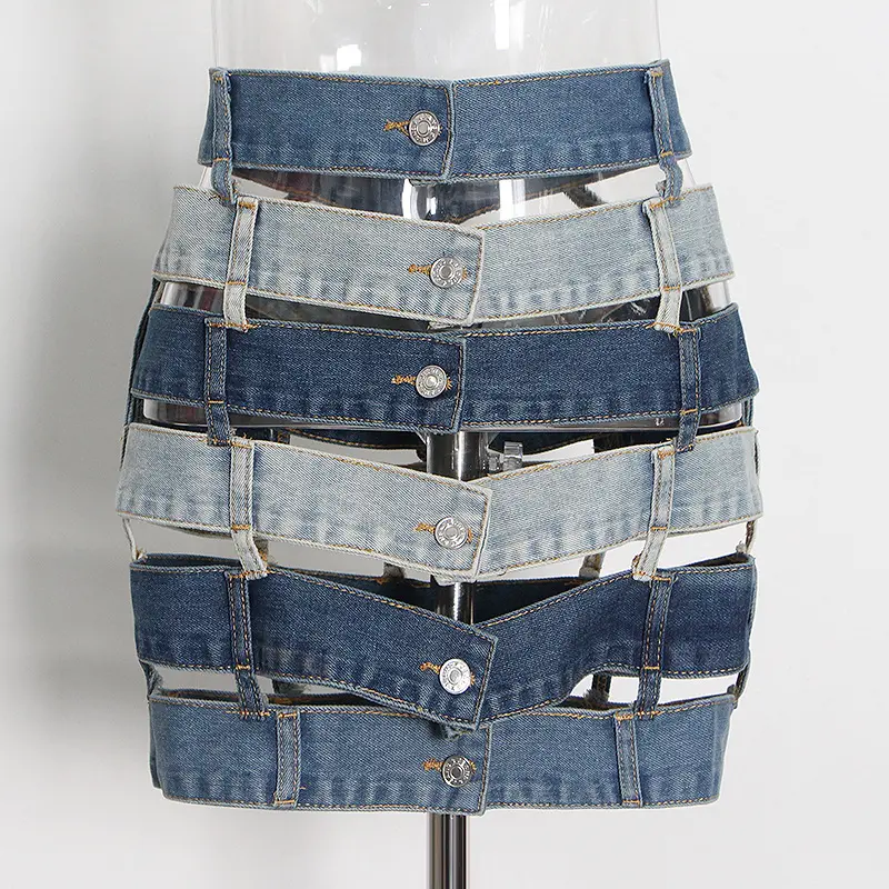 Latest Design Women Denim Skirts Color Block Hollow Out Sexy Mini Stylish Jeans Skirt