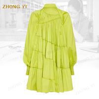 Robe de printemps et d'été pour femmes, mini-jupe à boutons vert pur à manches longues personnalisée, plissée, décontractée, chemises pour femmes, robes courtes