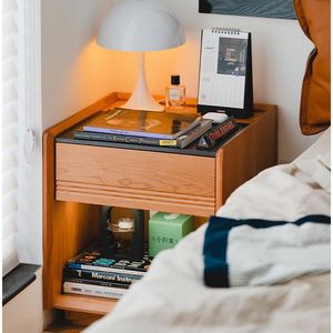 Solid Wood Nightstand Shelf Simple Modern Bedroom Storage Cabinet Home Use Small Bedside <b>Table</b> <b>Pine</b> Wood Cherry Color - Product Image 1