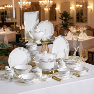 HIHUI Fine Durable Lightweight Dishwasher Safe Beijing European Scenic Pattern Bone China <b>Dinnerware</b> Sets with Utensils Kit - Product Image 1