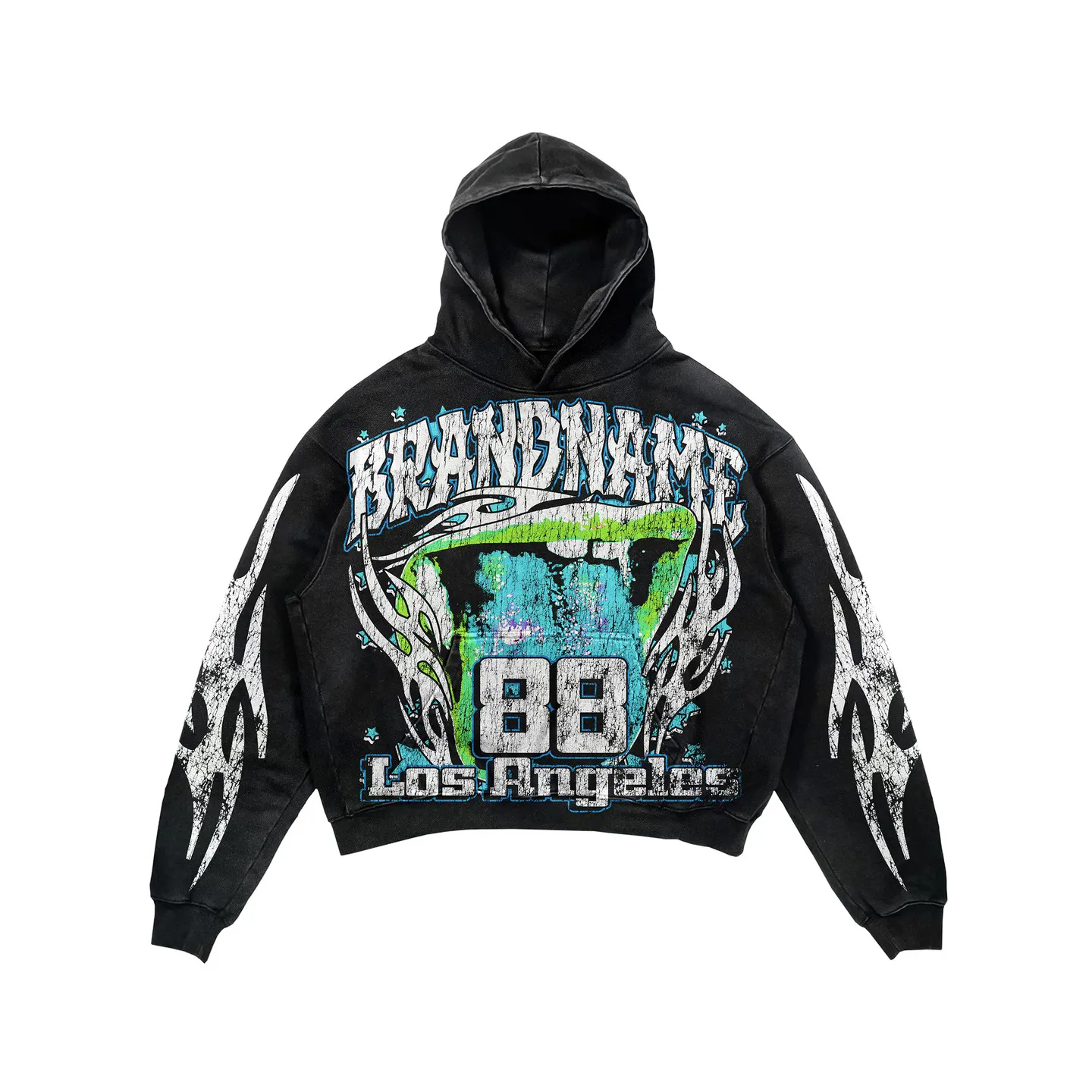 Individuelle Herren gewaschene Fade Baumwolle bedruckt Box-Fit schwer Vintage zugeschnitten Streetwear schweres Gewicht schwarz Hoodie