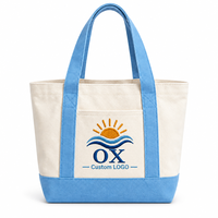 Sac fourre-tout en toile personnalisé brodé motif vague solaire, bleu ciel, avec poche avant, idéal pour la plage, les vacances et les voyages