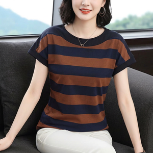 <b>Women's</b> Striped Crew Neck Short Sleeve T-Shirt Regular Fit Casual Knitted Cotton Top Anti-Shrink Logo 180g Spring Summer - Product Image 4