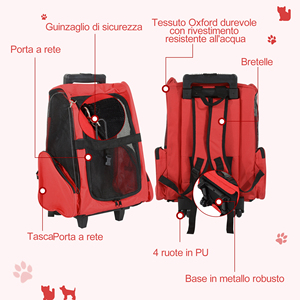 PawHut 2 in 1 <b>Dog</b> and Cat <b>Carrier</b> <b>Backpack</b> with Side Pockets, Telescopic Handle and Wheels, 42x25x55cm, Red - Product Image 6