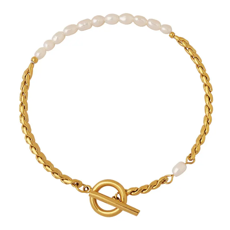 Nueva moda, pulsera de acero inoxidable, cadena de cuerda, cierre OT, pulsera de perlas de agua dulce, joyería chapada en oro de 18 quilates para mujer