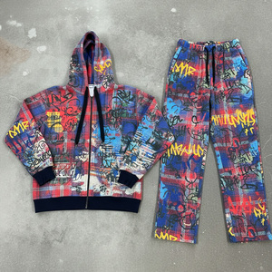 Digital Printing <b>Graffiti</b> OEM Custom Pattern Oversize Vintage Distressed Streetwear 2-piece 400 GSM Heavyweight Men's Hoodie Set - Product Image 1