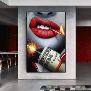 Tableau mural Femme sexy avec billets de banque et cigarette, Affiches et impressions pour salon, Graffiti de rue mode avec lèvres sexy et billets, <span class=keywords><strong>D</strong></span>écoration intérieure - Product Image 6