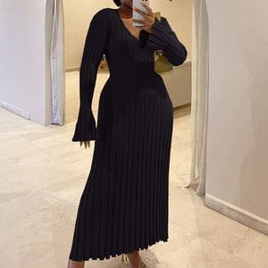 Nouvelle Robe Longue Tricotée Vintage pour Femme, Coupe Trapèze, Col en V, Manches Longues, Anti-Plis, Tissu Satiné, Collection <span class=keywords><strong>Printemps</strong></span> - Product Image 2