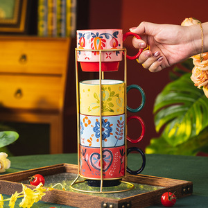 Vintage Flower Coffee Mug Hand Painted Porcelain <b>Tea</b> Cup Stackable Ceramic Mugs Set with Metal <b>Stand</b> - Product Image 2