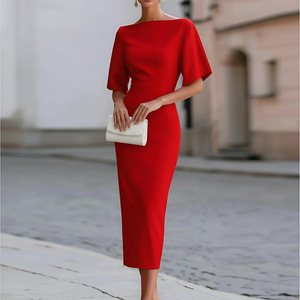 Elegante <span class=keywords><strong>Abito</strong></span> Midi con <span class=keywords><strong>Scollo</strong></span> <span class=keywords><strong>a</strong></span> Barchetta e Maniche <span class=keywords><strong>a</strong></span> Pipistrello in Raso Tinta Unita, Vestito Aderente per Occasioni Formali, Matrimoni, Serate e Feste - Product Image 1
