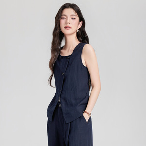 Sleeveless Vest Women Linen Solid Color Asymmetrical Pleats Casual Professional Summer Spring Autumn Fit - Product Image 4