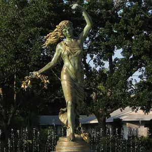 BLVE Jardin Coulée Bronze Belle Grand Extérieur Blanc Fleur Fille Avec Des Robes Statue Jardin Fontaine D'eau BSFG-03