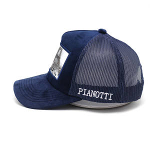 2025 Sombreros de camionero de 5 paneles Sombrero de camionero con logotipo impreso bordado de terciopelo azul marino personalizado - Product Image 4