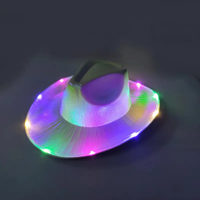 Gran oferta de accesorios de fiesta alimentados por batería, sombreros de disfraz de Cosplay para fiesta de año nuevo, sombreros de vaquero coloridos iluminados para fiesta