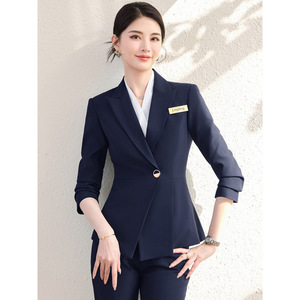 Women's Navy Blue Long Sleeve Blazer With Irregular Collar Anti-Wrinkle Worsted Fabric Commute Style - Product Image 1