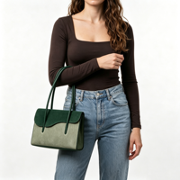 Sac à main élégant et chic en daim vert bicolore avec rabat et anse, bord ondulé, pour femme, personnalisable OEM