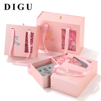 Kotak Perhiasan Custom Bunga Mawar DIGU 9 Pcs, untuk Cincin, Kalung, Anting, Kotak Kemasan Perhiasan Kertas Pink dengan Jendela Transparan, Kotak Hadiah