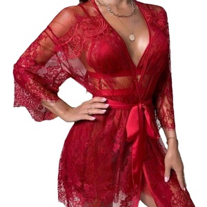 S003 malla bordada Lencería de mujer ropa interior Sexy encaje Halter transparente seductor camisón bata femenina conjunto de uniforme - Product Image 3