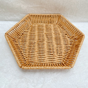 Rattan Hexagonal Snack Trays Brown Yellow Geometric Design Restaurant Serving Platters <b>Storage</b> <b>Baskets</b> Fruit Plates - Product Image 2